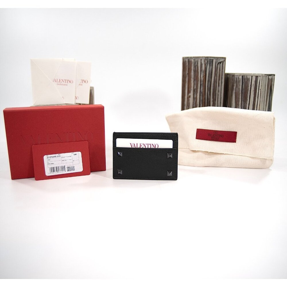 Valentino Rockstud Black Leather Logo Card Case Mini Wallet Red Box NWT
